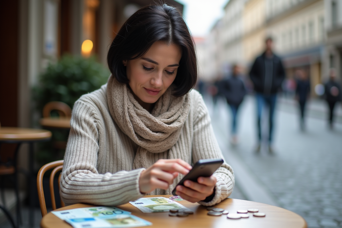 Femme avec monnaie et smartphone dans un café en plein air