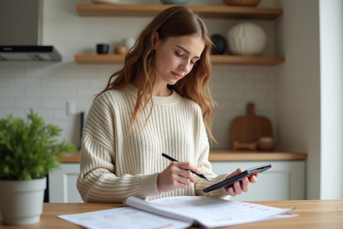 Jeune femme calcule et note une estimation de travaux dans une cuisine moderne