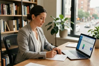 Femme professionnelle consultant un calculateur de dates en ligne pour analyser un contrat de travail à son bureau à domicile