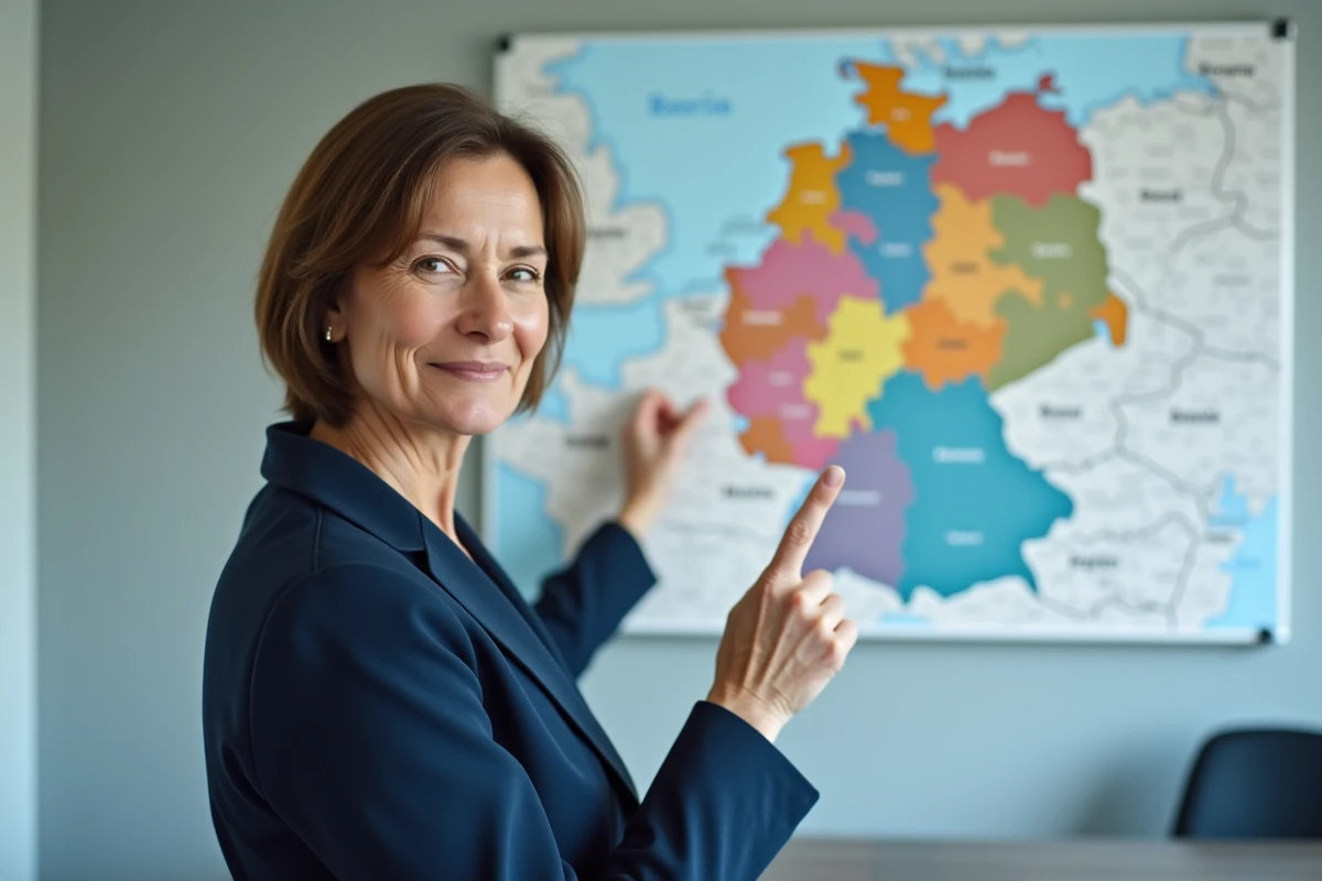 Femme professionnelle pointant la région Bavière sur une carte politique de l'Allemagne accrochée au mur d'une salle de réunion