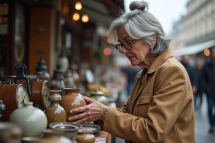 Femme examinant un vase en céramique vintage aux Puces de la Porte de Vanves à Paris