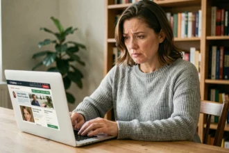 Femme consultant le centre d'aide Le Bon Coin sur son ordinateur portable à domicile