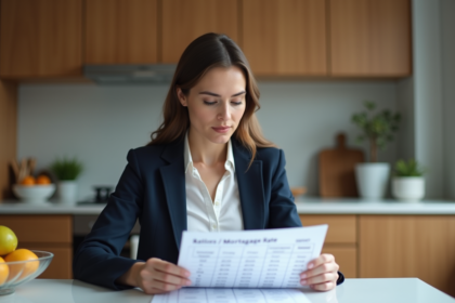 Femme en blazer examine un contrat de prêt immobilier à la maison