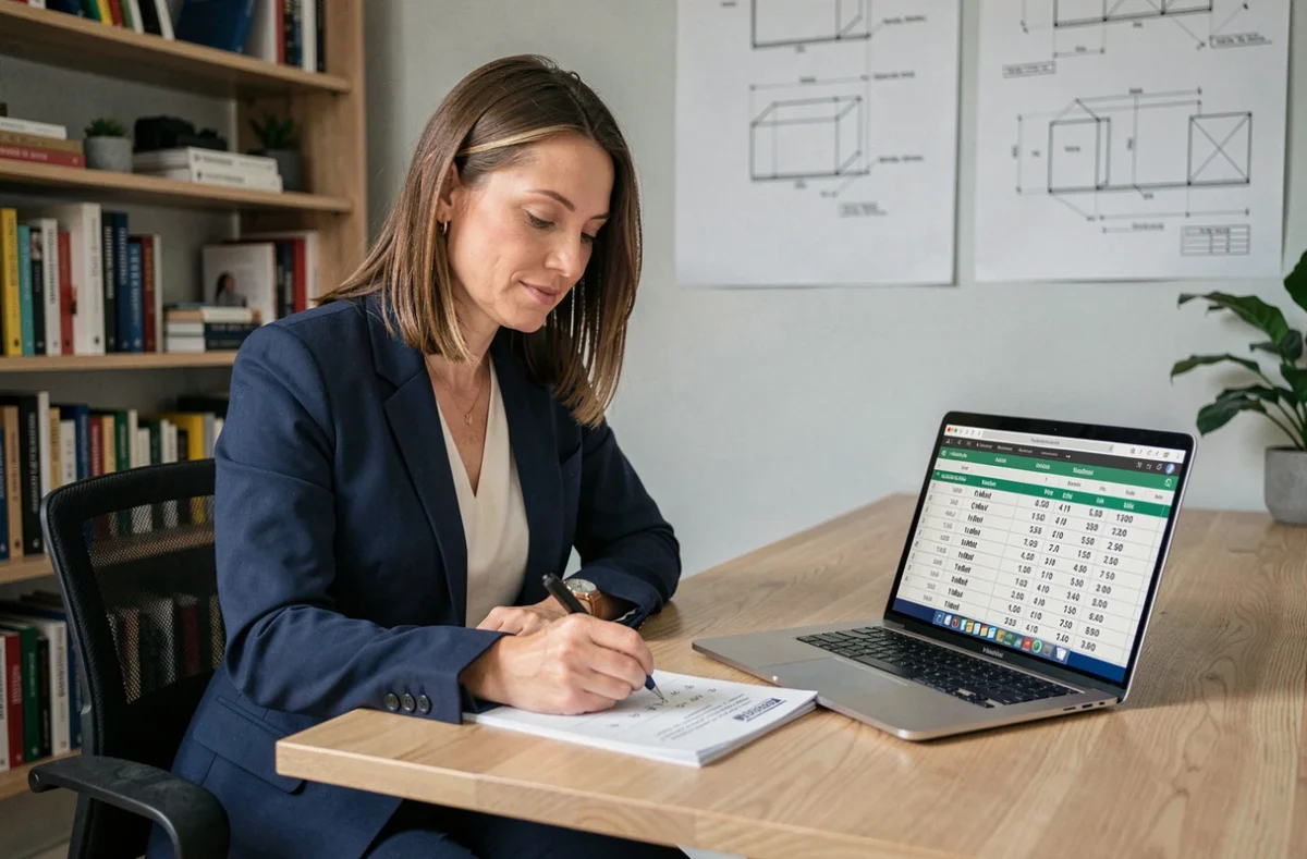 Femme professionnelle préparant un devis de travaux avec un tableau m3 litre sur son bureau