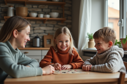Femme et enfants jouant à un jeu de société dans une cuisine chaleureuse