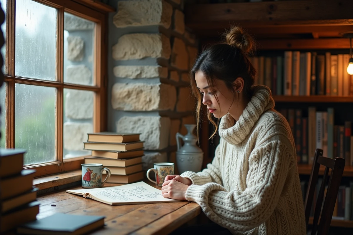 Femme étudiant une timeline illustrée du Seigneur des Anneaux dans un intérieur cosy et chaleureux