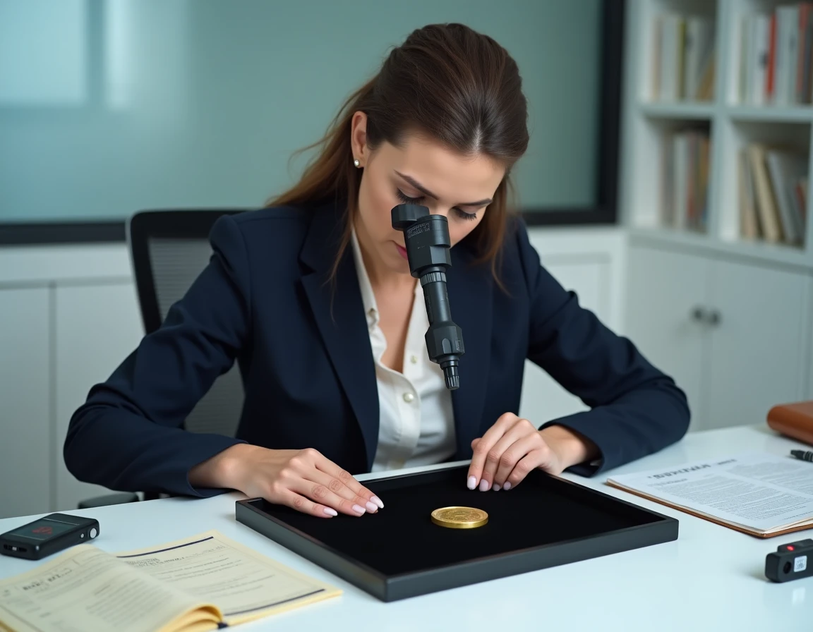 Femme numismate inspectant un poinçon de garantie sur une pièce d'or avec une loupe professionnelle dans un bureau spécialisé