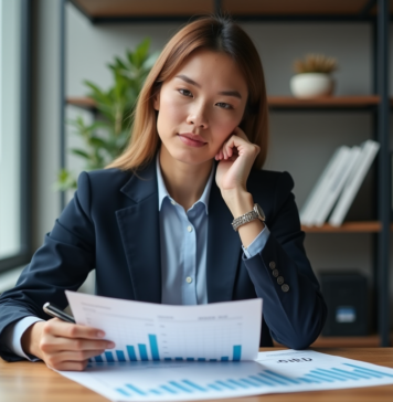 Taux d’emprunt 2025 : prévisions et tendances pour vos projets financiers Femme professionnelle en bureau moderne pour article finance