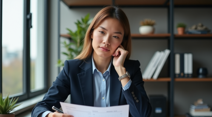 Femme professionnelle en bureau moderne pour article finance