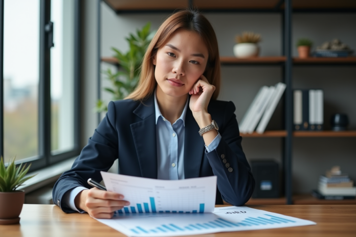 Femme professionnelle en bureau moderne pour article finance