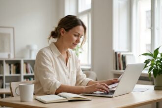Femme freelance travaillant à domicile sur son ordinateur portable tout en gérant sa transition professionnelle vers l'indépendance