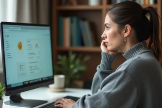 Femme frustrée devant un écran d'ordinateur portable avec le dé Google qui ne fonctionne pas