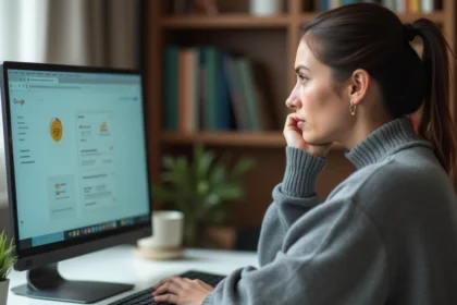 Femme frustrée devant un écran d'ordinateur portable avec le dé Google qui ne fonctionne pas