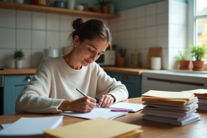 Femme pensant à ses dettes dans une cuisine lumineuse