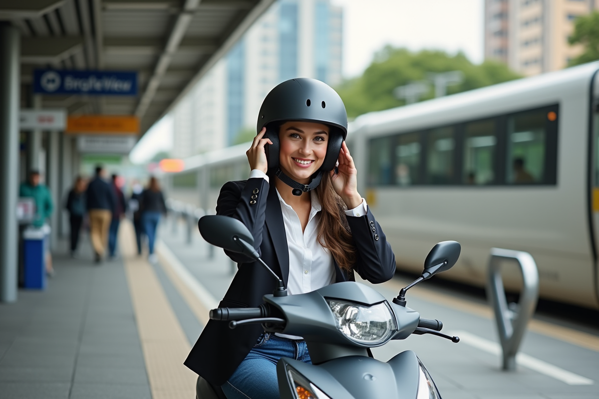 Femme en tenue casual préparant sa moto à la station