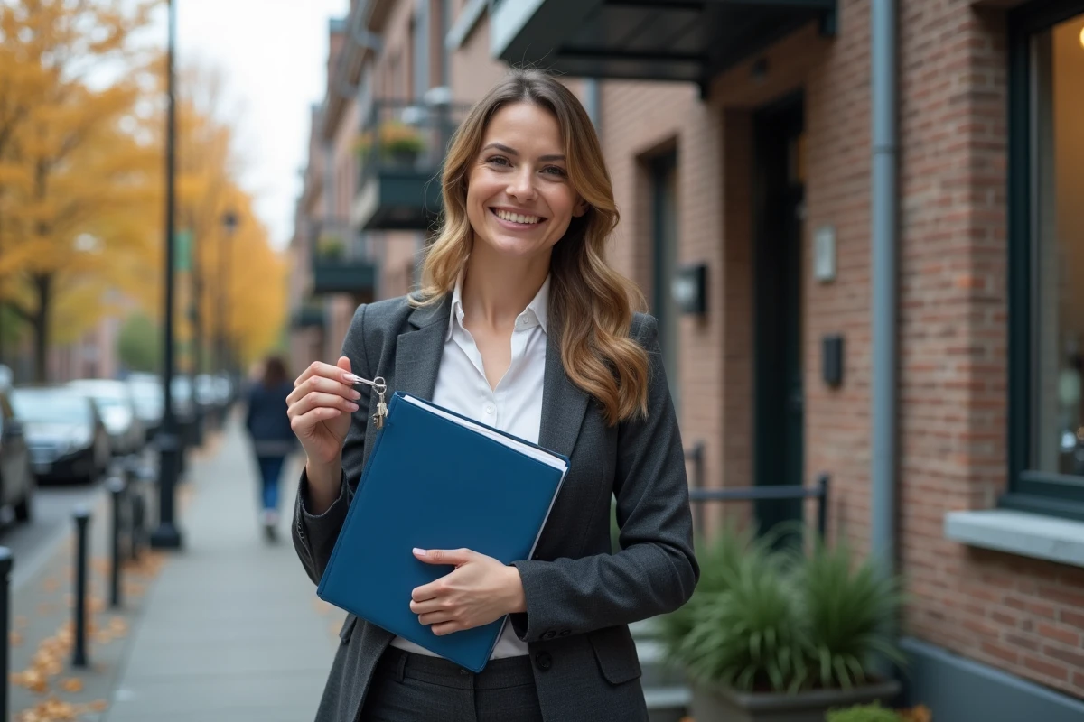 Jeune femme tenant des clés devant un immeuble résidentiel