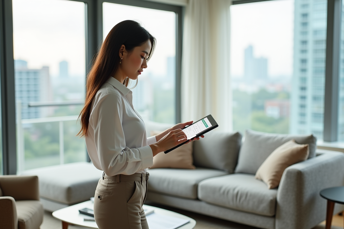 Jeune femme avec tablette dans un salon lumineux