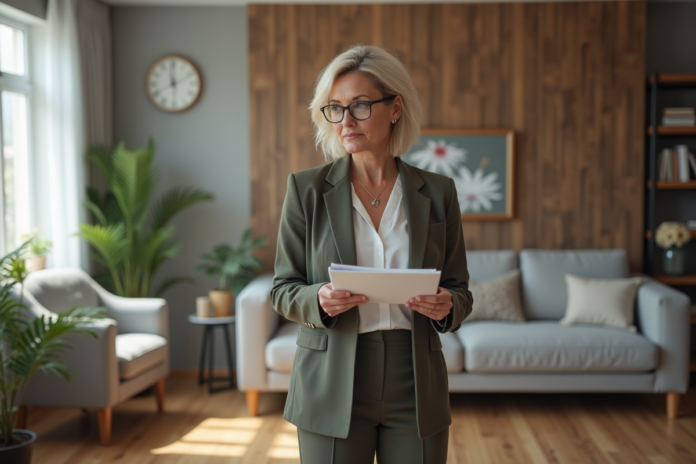 femme-inspecte-appartement Femme inspectant un salon moderne et accueillant