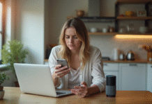 Jeune femme confuse avec smartphone et Alexa en panne