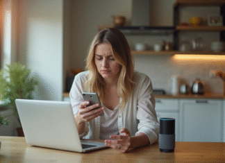 Les erreurs à éviter lors de la connexion d’Alexa au Wi-Fi Jeune femme confuse avec smartphone et Alexa en panne