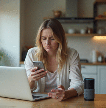 Jeune femme confuse avec smartphone et Alexa en panne