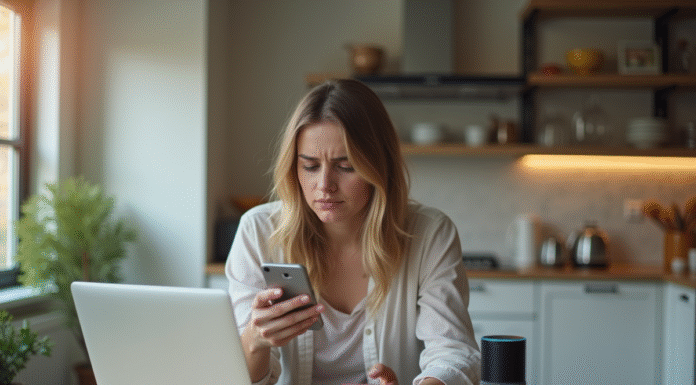 Jeune femme confuse avec smartphone et Alexa en panne