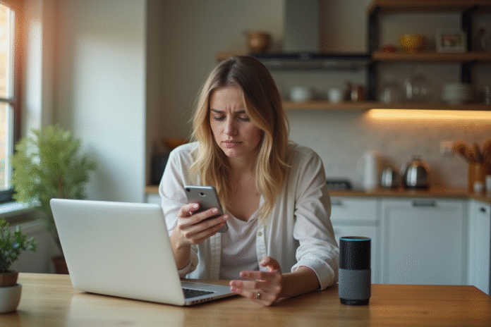 femme-internet-mauvais-reseau Jeune femme confuse avec smartphone et Alexa en panne