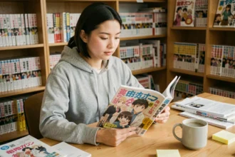 Jeune femme lisant un manga à son bureau entouré de volumes One Piece, illustrant la lecture de scans de mangas en France