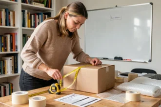 Femme mesurant un colis carton avec un mètre ruban pour vérifier les dimensions acceptées par Mondial Relay