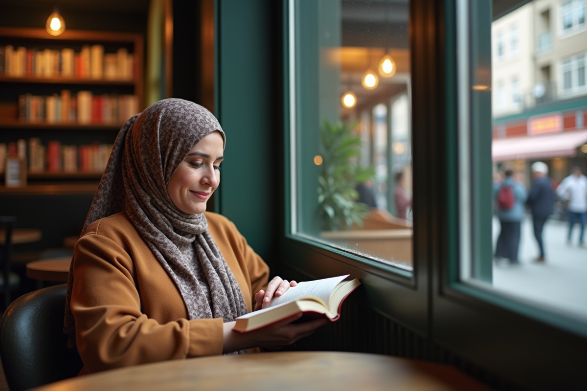 Femme musulmane lisant dans un café chaleureux