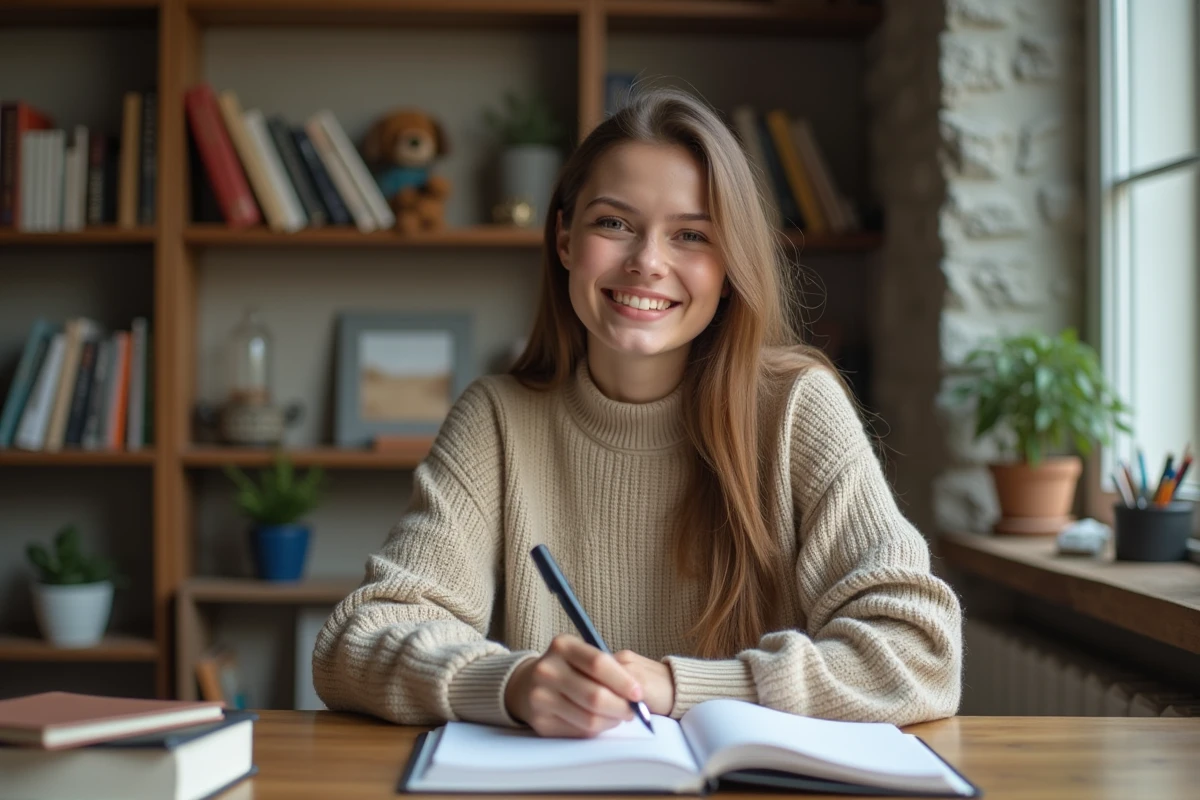 Jeune femme souriante travaillant dans un bureau cosy