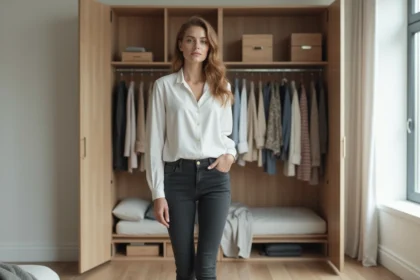 Femme en blanc et jeans devant un vestiaire minimaliste