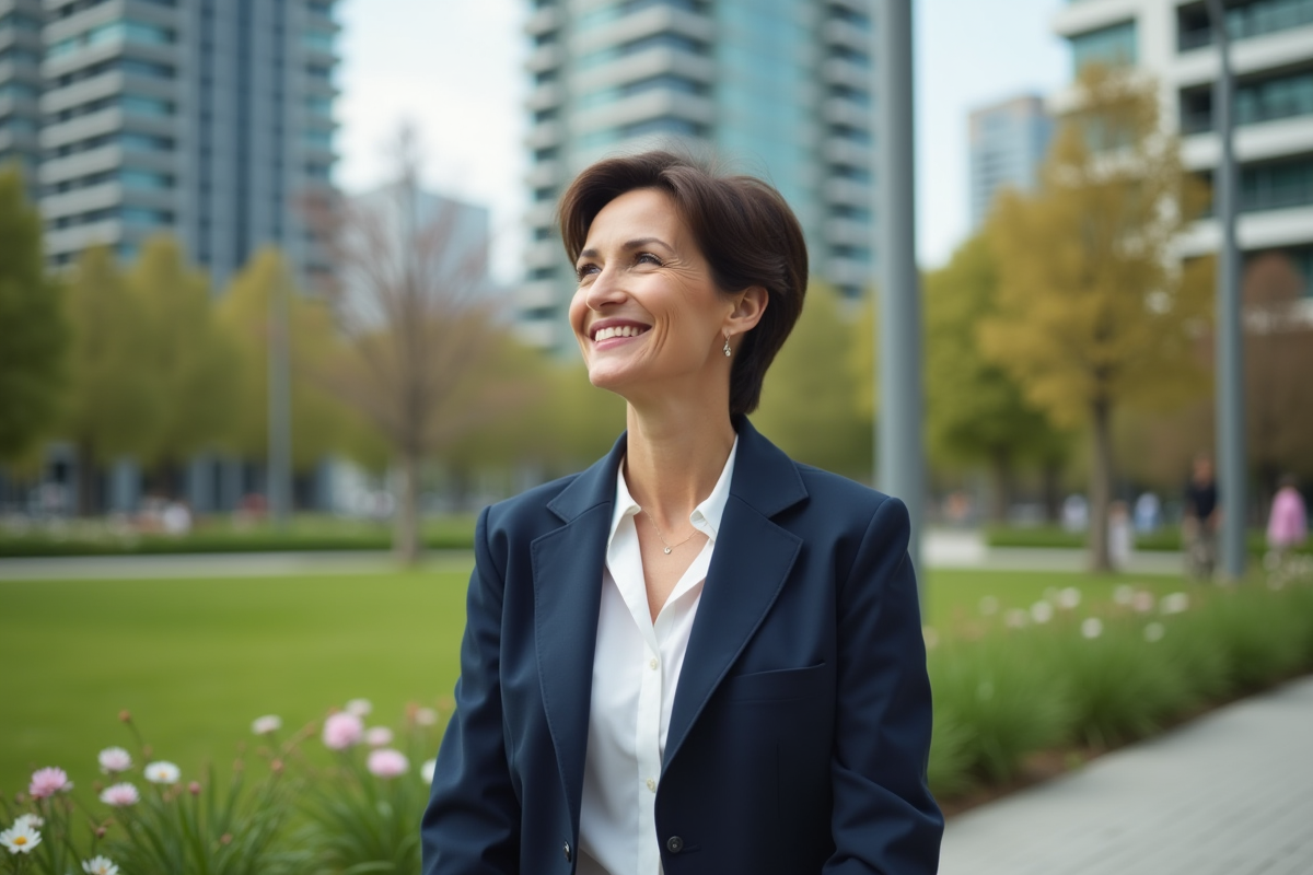 Femme marchant dans un parc urbain en blazer bleu