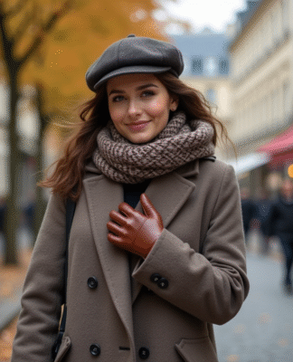 Femme élégante en automne dans une rue parisienne