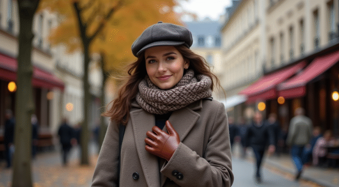 Femme élégante en automne dans une rue parisienne