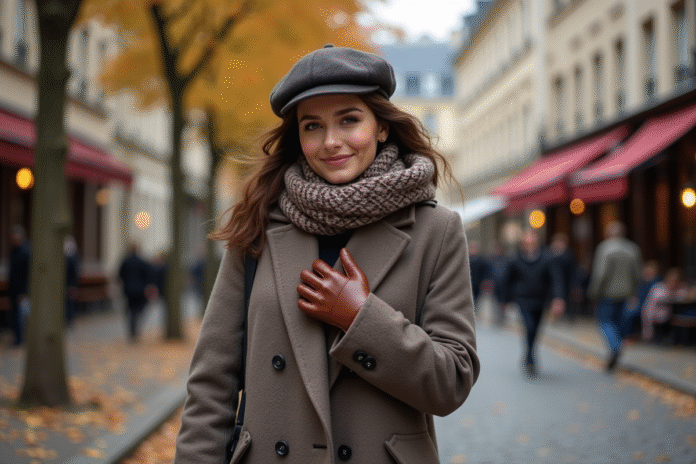 Femme élégante en automne dans une rue parisienne