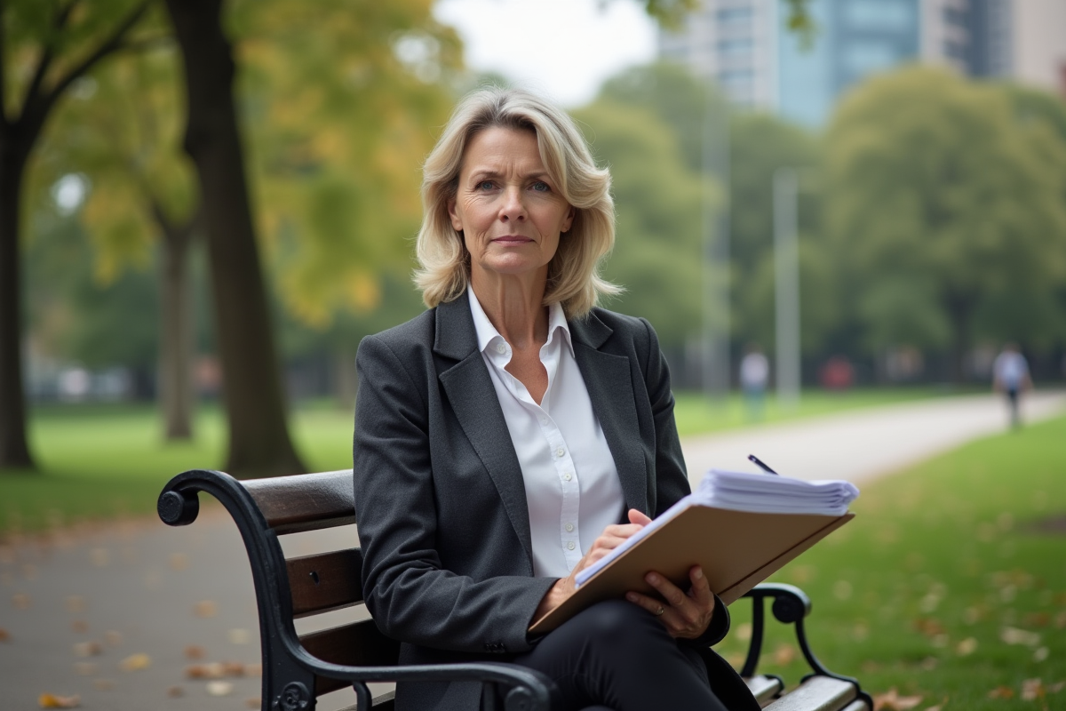 Femme mature assise sur un banc de parc avec fiche de personnage