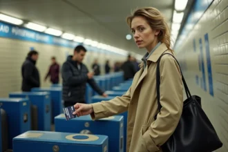 Femme utilisant son pass Navigo toutes zones dans une station de métro parisienne