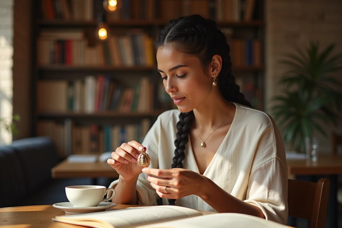 Jeune femme tenant un pendentif scarabée doré dans un café parisien entouré de livres sur la mythologie égyptienne