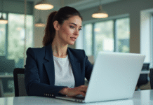 Femme professionnelle utilisant un ordinateur portable dans un bureau lumineux