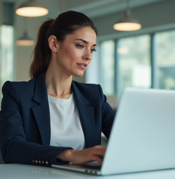Femme professionnelle utilisant un ordinateur portable dans un bureau lumineux