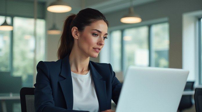 Femme professionnelle utilisant un ordinateur portable dans un bureau lumineux