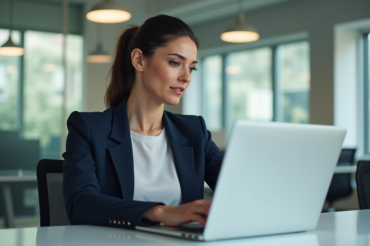 Femme professionnelle utilisant un ordinateur portable dans un bureau lumineux