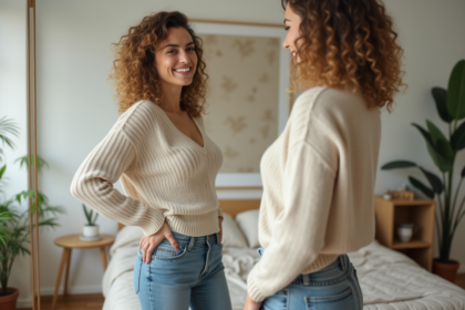 Femme souriante dans sa chambre reflet de confiance