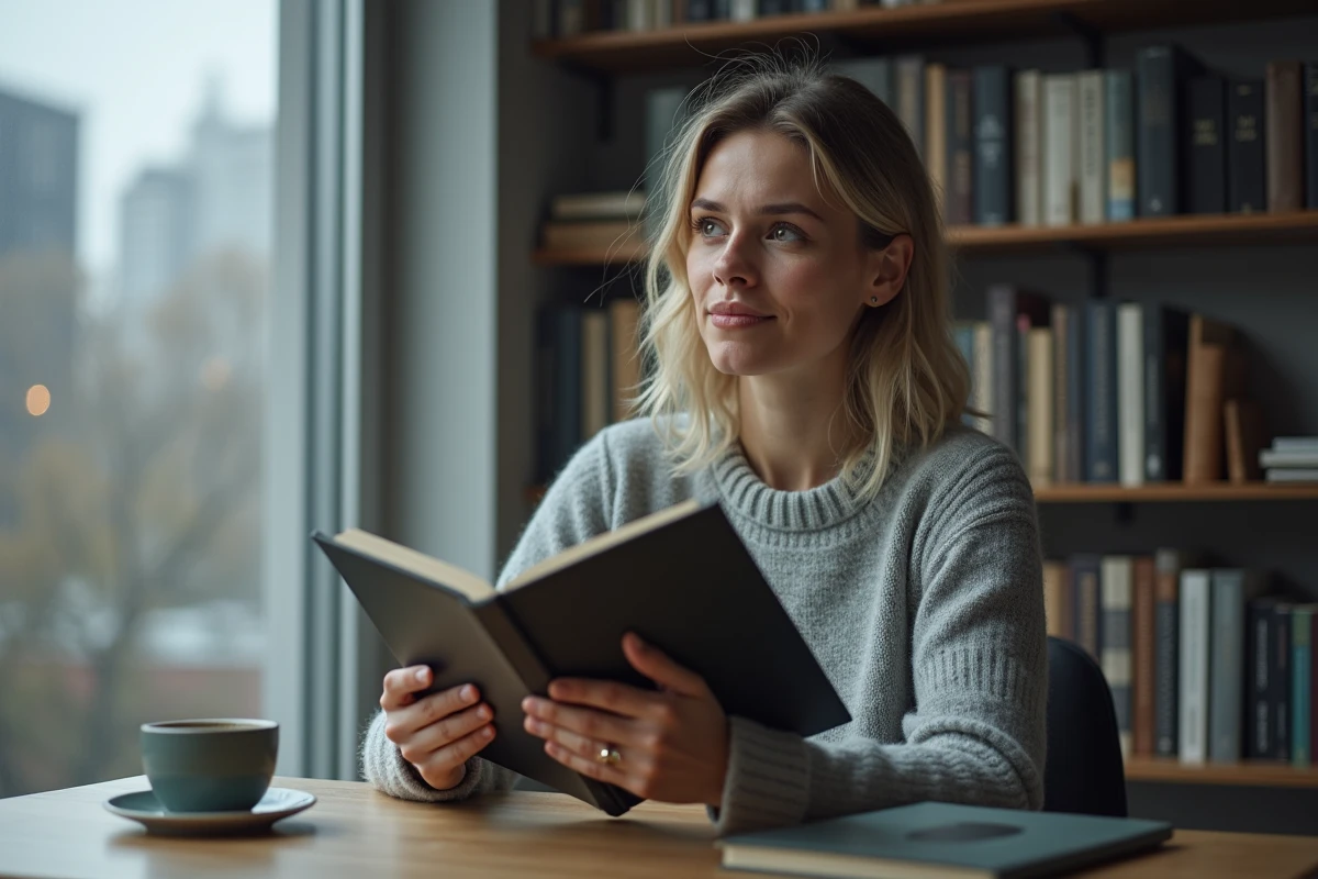 Femme pensive lisant un livre à connotation d'humour noir chez elle, illustrant la réflexion personnelle sur les limites entre rire et respect