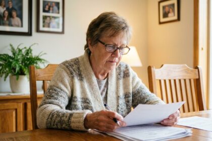 Femme senior concentrée lisant des papiers à la maison