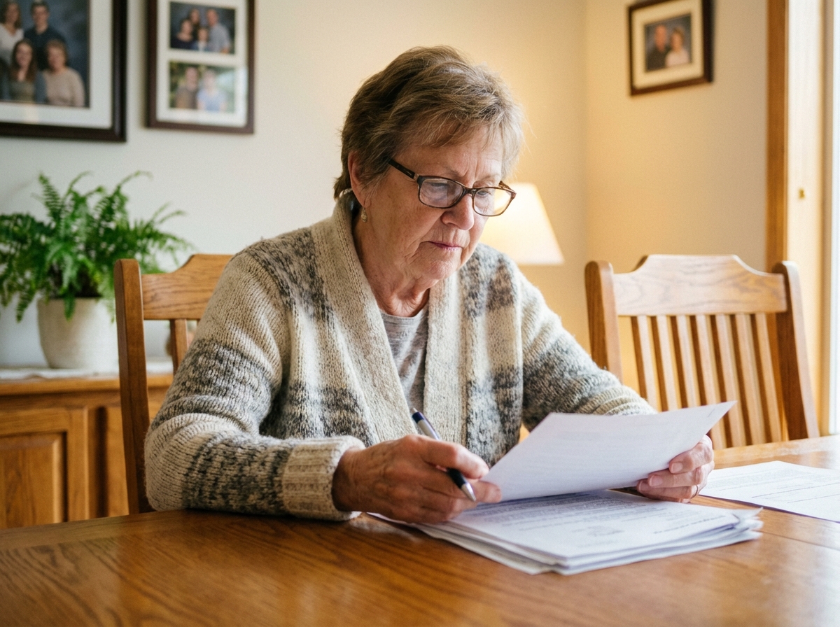Femme senior concentrée lisant des papiers à la maison