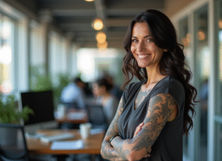 Femme confiante avec tatouages dans un espace de travail lumineux
