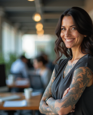 Femme confiante avec tatouages dans un espace de travail lumineux