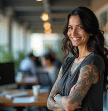 Femme confiante avec tatouages dans un espace de travail lumineux